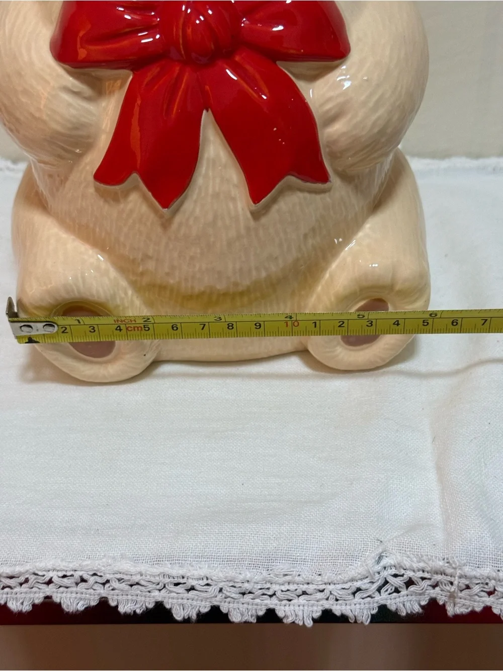 Japan Ceramic Pottery Teddy Bear Jar Beige Red Bow Glossy Finish 9 in